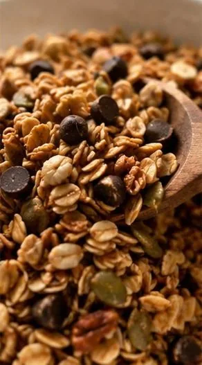 لقطة قريبة لحبات الغرانولا وقطع الشوكولاتة